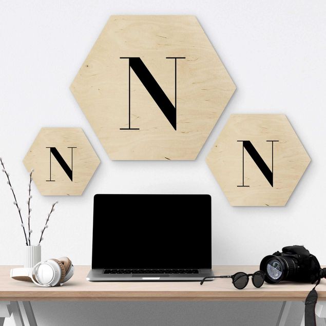 Hexagon Bild Holz - Buchstabe Serif Weiß N