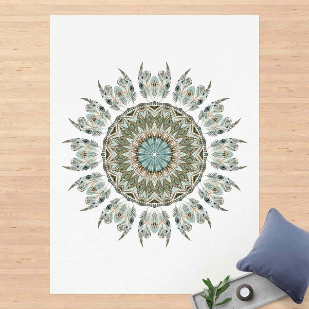 Alfombras para exterior Mandala Watercolours Feathers Hand Painted Blue Green