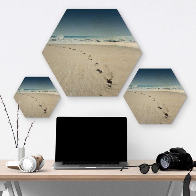 Hexagon Bild Holz - Spuren im Sand