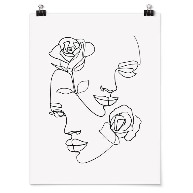 Póster blanco y negro Line Art Faces Women Roses Black And White