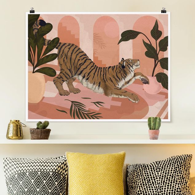 Cuadros tigres Illustration Tiger In Pastel Pink Painting
