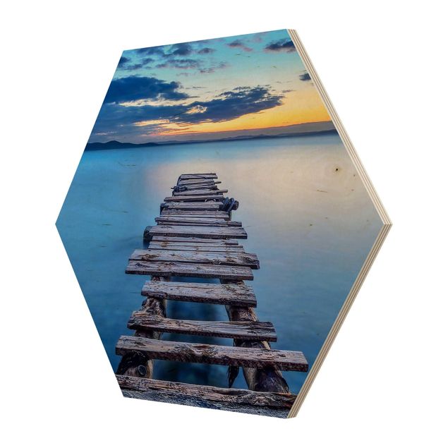 Hexagon Bild Holz - Steg ins ruhige Meer