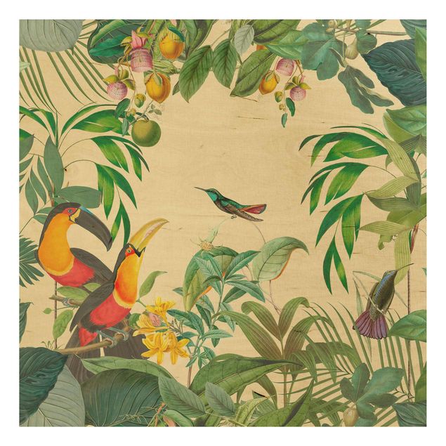 Cuadros de madera flores Vintage Collage - Birds In The Jungle