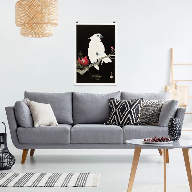 Póster blanco y negro Asian Vintage Illustration White Cockatoo