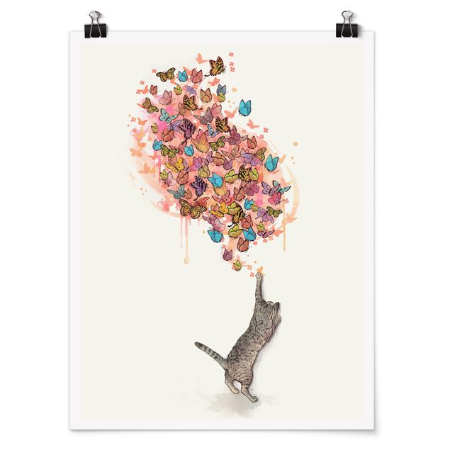 Póster cuadros famosos Illustration Cat With Colourful Butterflies Painting
