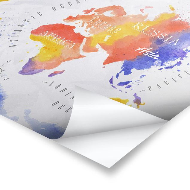 Cuadros World Map Watercolour Purple Red Yellow