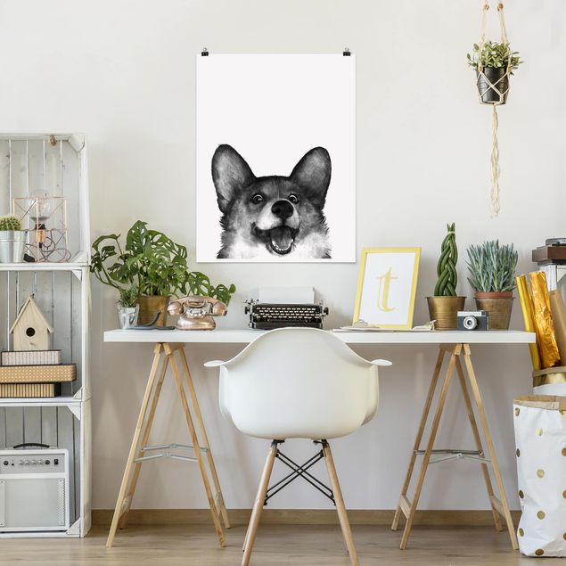 Póster blanco y negro Illustration Dog Corgi Black And White Painting