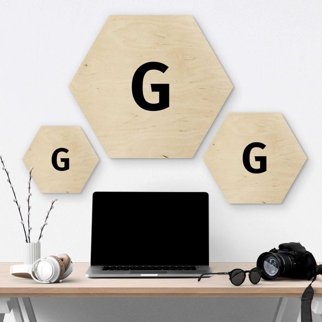 Hexagon Bild Holz - Buchstabe Weiß G