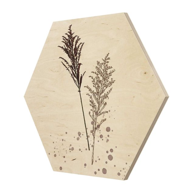 Hexagon Bild Holz - Botanisches Aquarell - Schwingelschilf