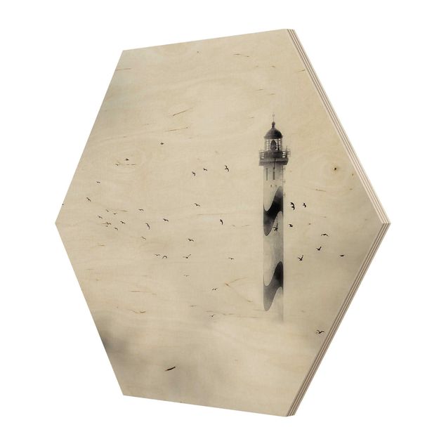 Hexagon Bild Holz - Leuchtturm im Nebel