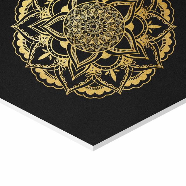 Cuadros hexagonales Mandala Flower Sun Illustration Set Black Gold
