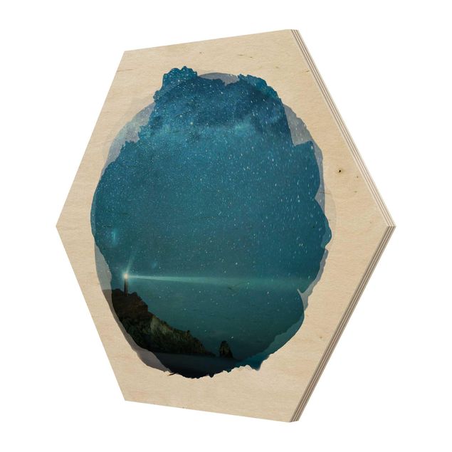 Hexagon Bild Holz - Wasserfarben - Leuchtturm