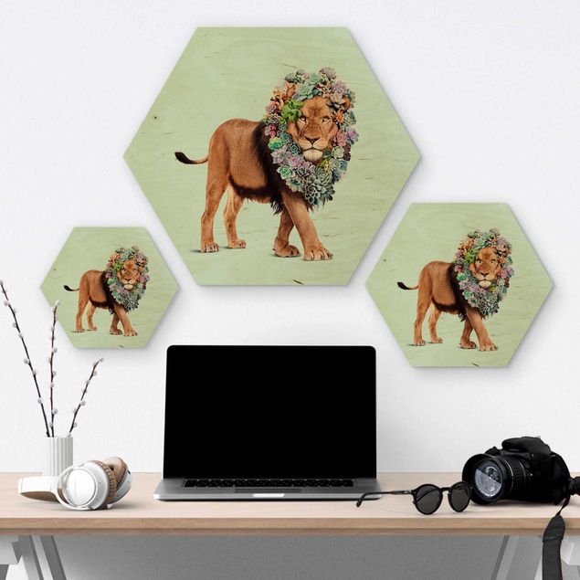 Hexagon Bild Holz - Jonas Loose - Löwe mit Sukkulenten
