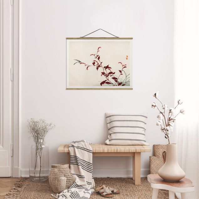 Cuadros flores Asian Vintage Drawing Red Branch With Dragonfly