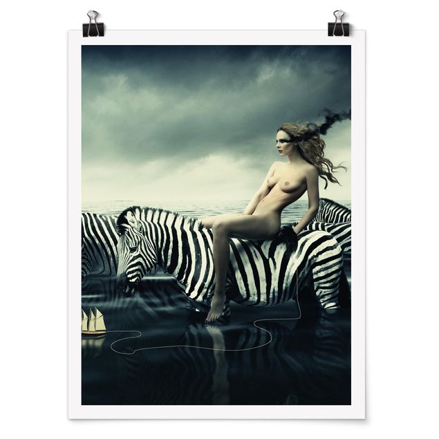 Póster animales Woman Posing With Zebras
