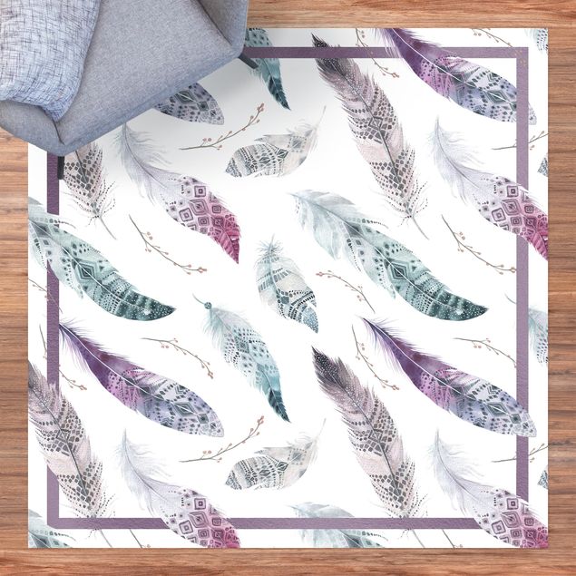 Alfombra balcón Boho Watercolour Feathers In Aubergine And Petrol Colour With Frame