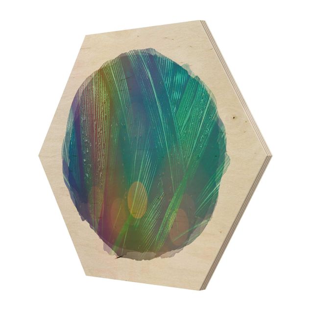 Hexagon Bild Holz - Wasserfarben - Grüne Palmenblätter