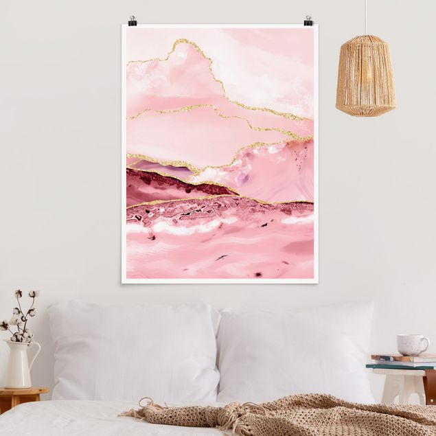 Decoración cocina Abstract Mountains Pink With Golden Lines