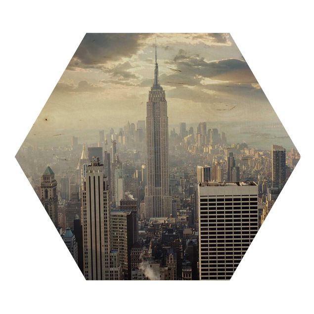 Hexagon Bild Holz - Sonnenaufgang in New York