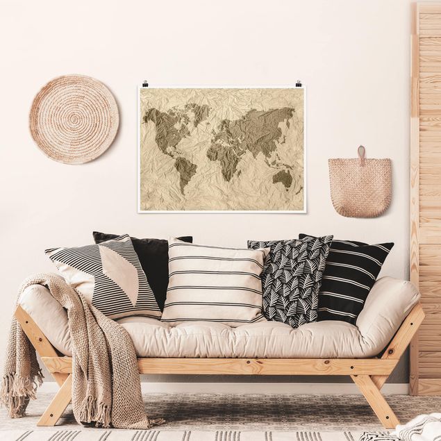 Póster mapamundi grande Paper World Map Beige Brown