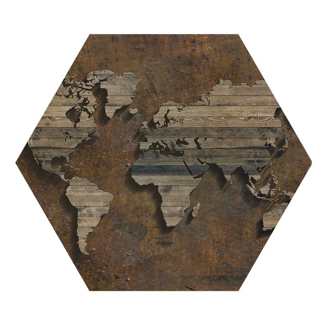 Hexagon Bild Holz - Holz Rost Weltkarte