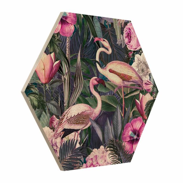 Cuadros plantas Colorful Collage - Pink Flamingos In The Jungle