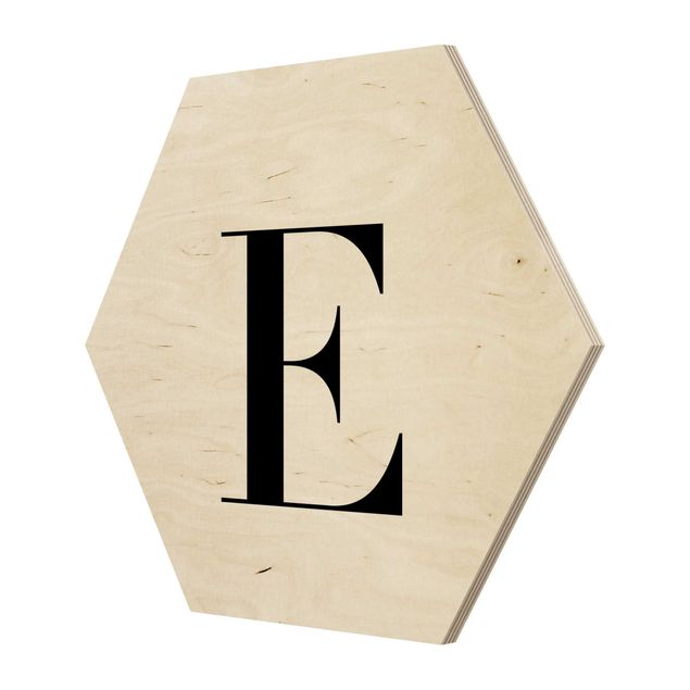 Hexagon Bild Holz - Buchstabe Serif Weiß E