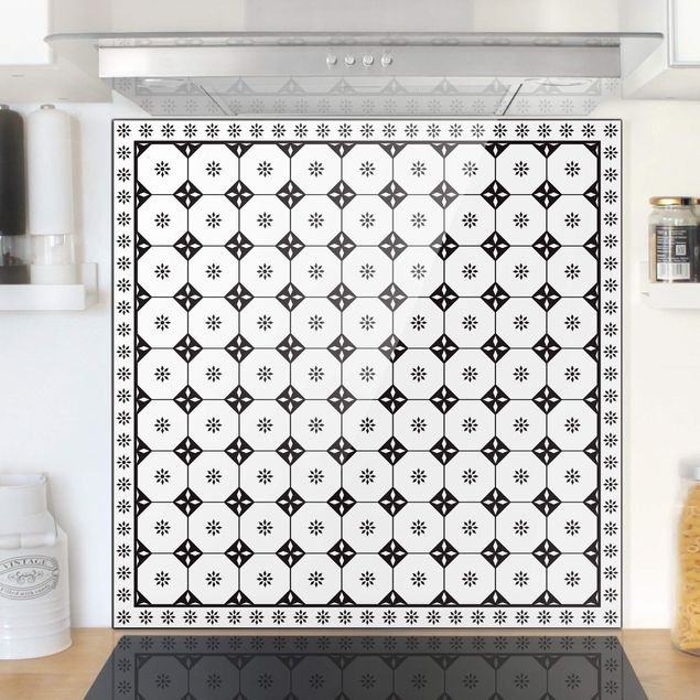 Decoración en la cocina Geometrical Tiles Cottage Black And White With Border