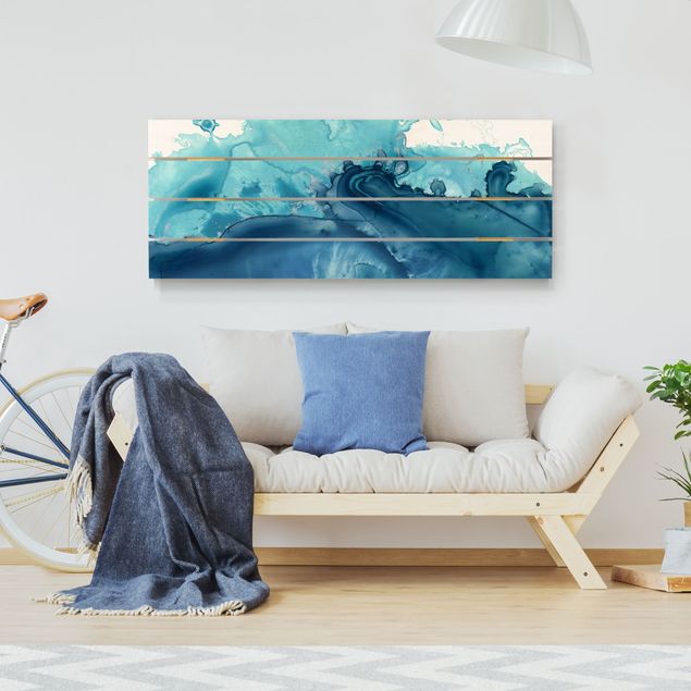 Cuadros de madera paisajes Wave Watercolour Blue l
