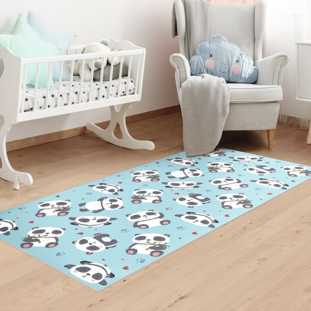 Alfombra diseño bambú Cute Panda With Paw Prints And Hearts Pastel Blue