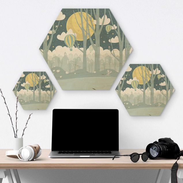 Hexagon Bild Holz - Mond mit Bäumen und Häusern