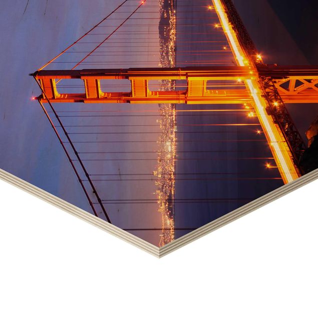 Hexagon Bild Holz - Golden Gate Bridge bei Nacht