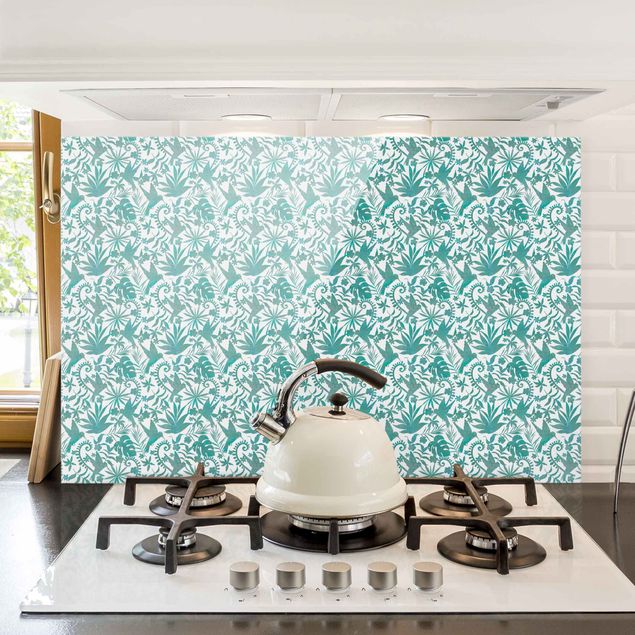Decoración de cocinas Watercolour Hummingbird And Plant Silhouettes Pattern In Turquoise