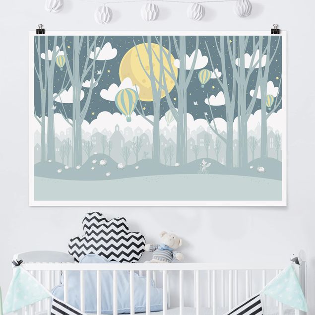 Decoración infantil pared Moon With Trees And Houses