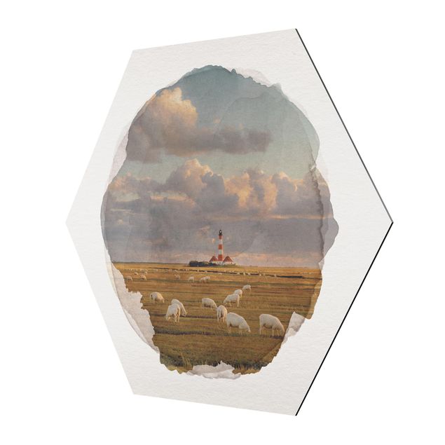 Cuadros naturaleza WaterColours - North Sea Lighthouse With Sheep Herd
