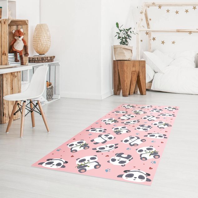 Alfombra diseño bambú Cute Panda With Paw Prints And Hearts Pastel Pink