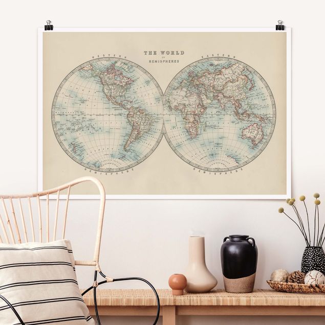 Decoración de cocinas Vintage World Map The Two Hemispheres