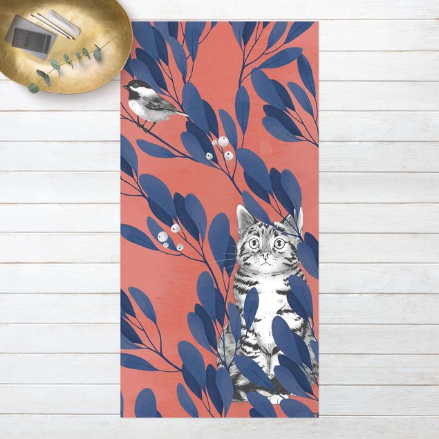 Alfombra exterior Illustration Cat and Bird On Branch Blue Red