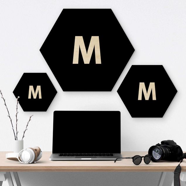 Hexagon Bild Holz - Buchstabe Schwarz M