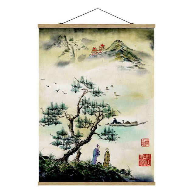 Cuadro con paisajes Japanese Watercolour Drawing Pine And Mountain Village