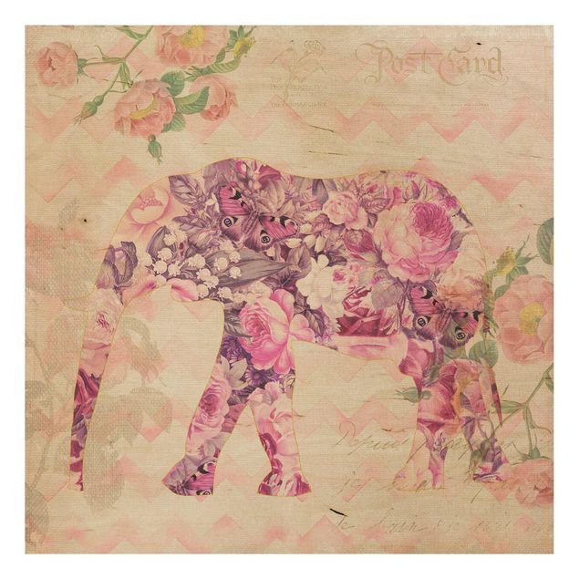 Cuadros de madera flores Vintage Collage - Pink Flowers Elephant