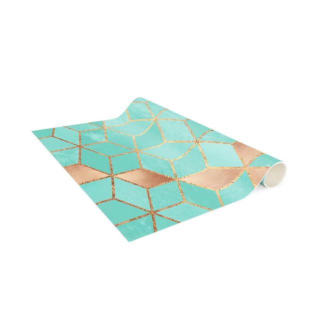 Alfombra efecto 3D Turquoise White Golden Geometry