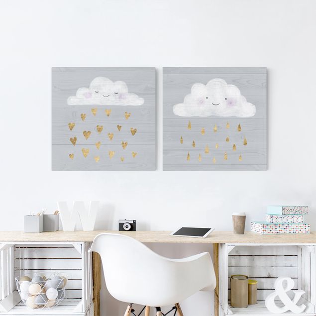 Cuadros de amor Clouds With Golden Heart And Drops Set I