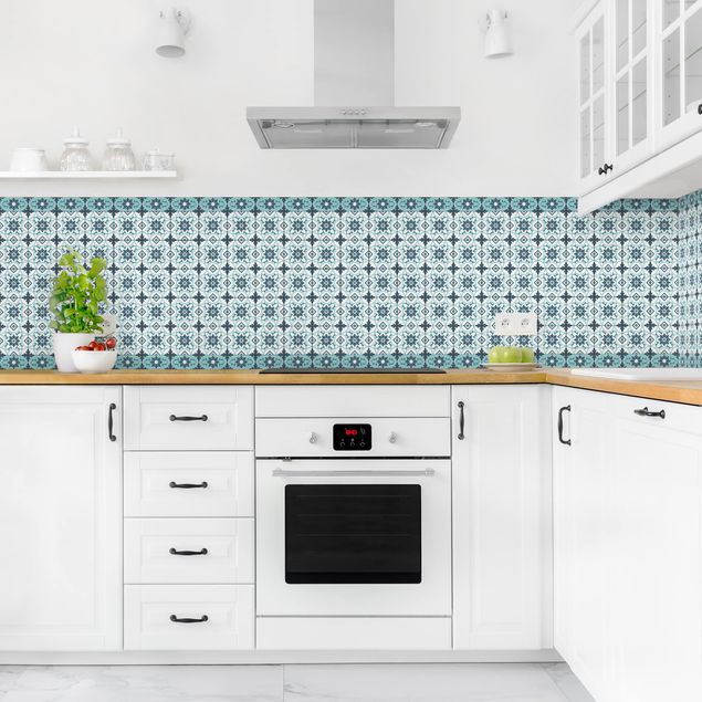 Salpicadero cocina adhesivo efecto teja Geometrical Tile Mix Flower Turquoise