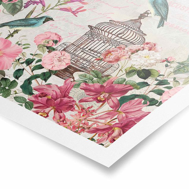 Cuadro azul Shabby Chic Collage - Pink Flowers And Blue Birds