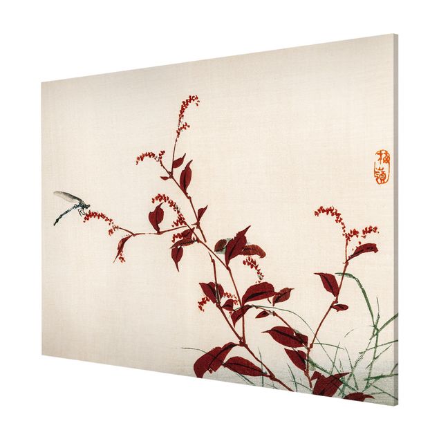 Cuadros de plantas naturales Asian Vintage Drawing Red Branch With Dragonfly