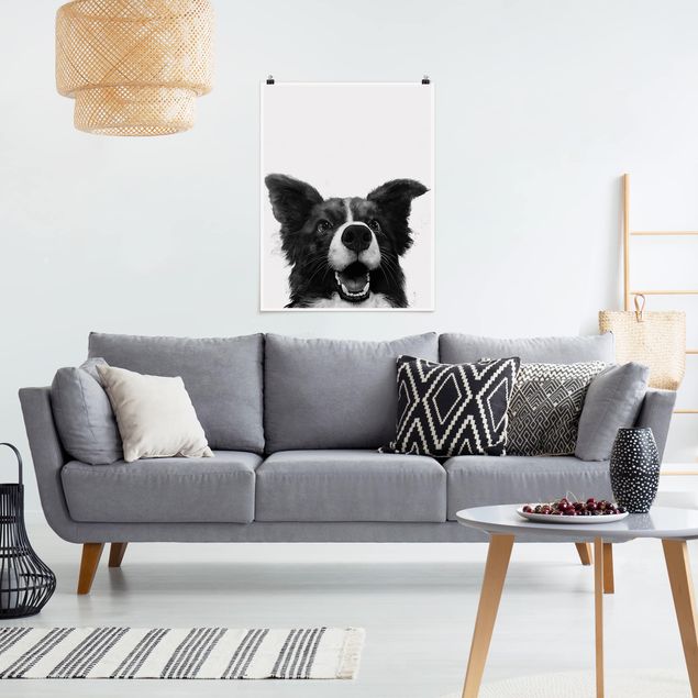 Póster blanco y negro Illustration Dog Border Collie Black And White Painting