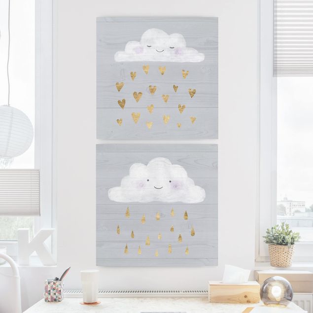 Decoración infantil pared Clouds With Golden Heart And Drops Set I
