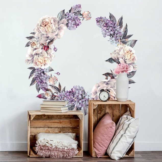 Vinilos de pared rosas Watercolour Lilac Peonies Wreath XXL