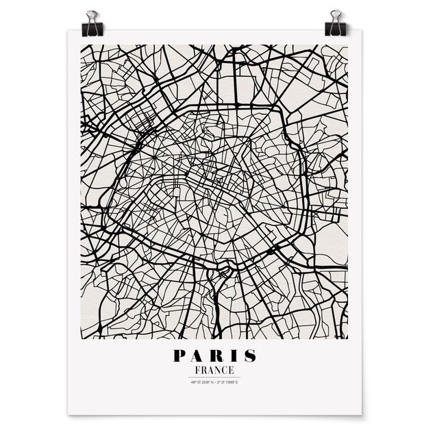 Póster blanco y negro Paris City Map - Classic